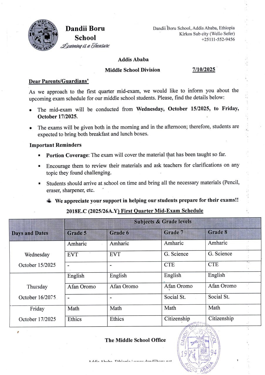 Middle Division Mid Exam Schedule